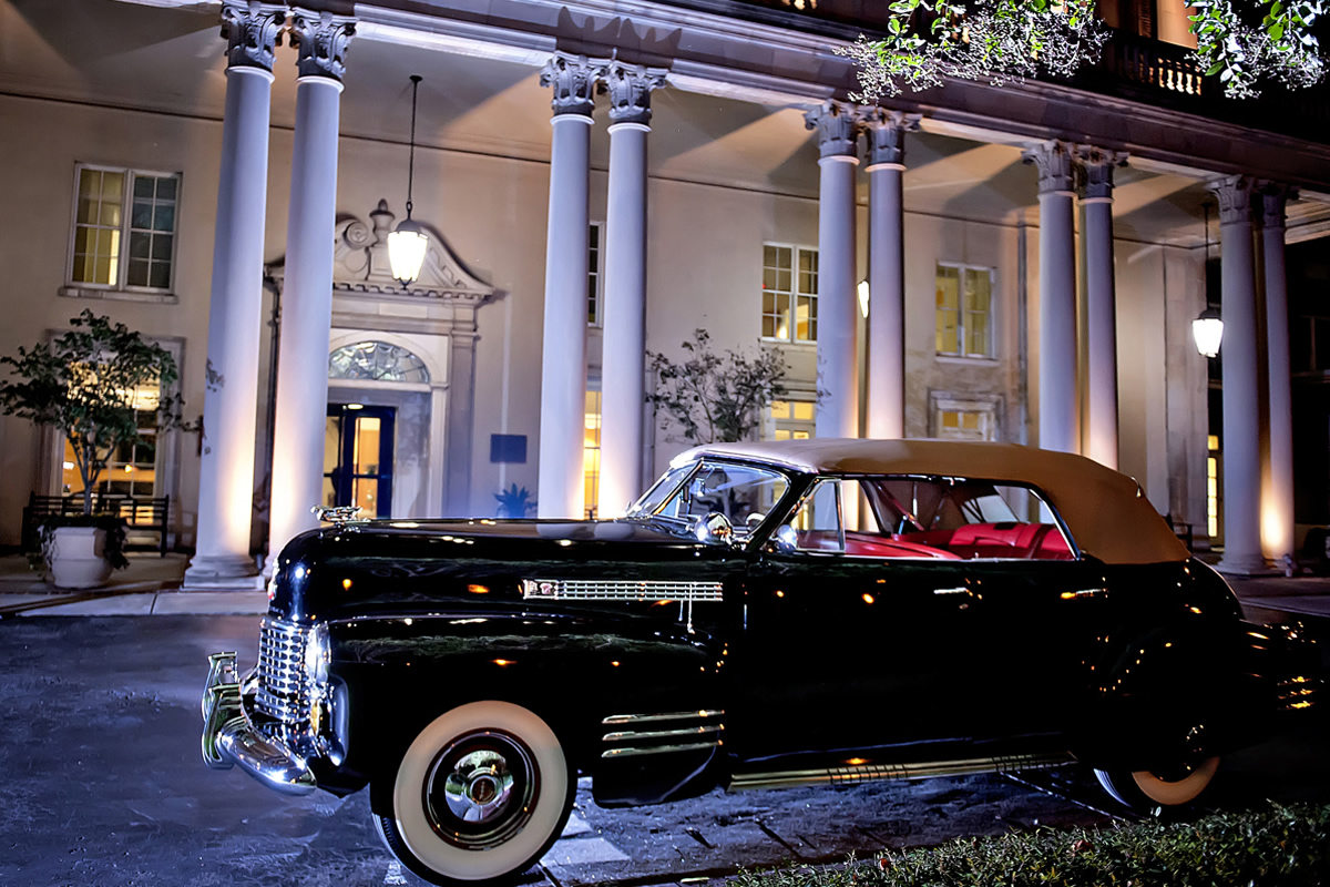 A vintage automobile reflects The Biltmore Ballrooms' classic elegance.